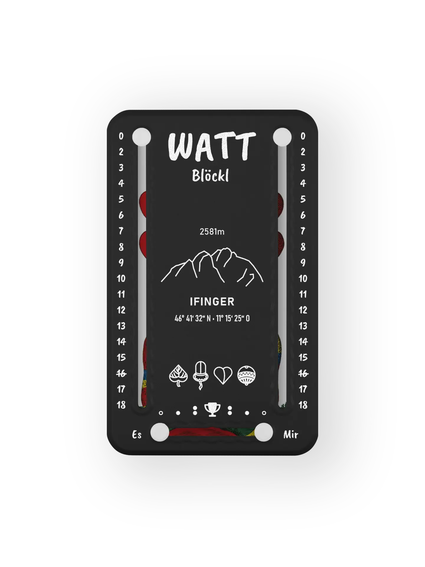 Wattblöckl bis 18 Punkte in Kunststoff schwarz und weissen Pins - mit Ifinger Motiv auf transparenten Hintergrund.