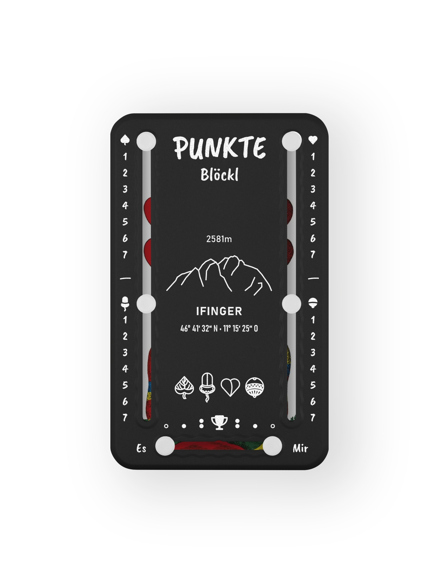 Punkteblöckl bis jeweils 7 Punkte in Kunststoff schwarz und weissen Pins - mit Ifinger Motiv auf transparenten Hintergrund.
