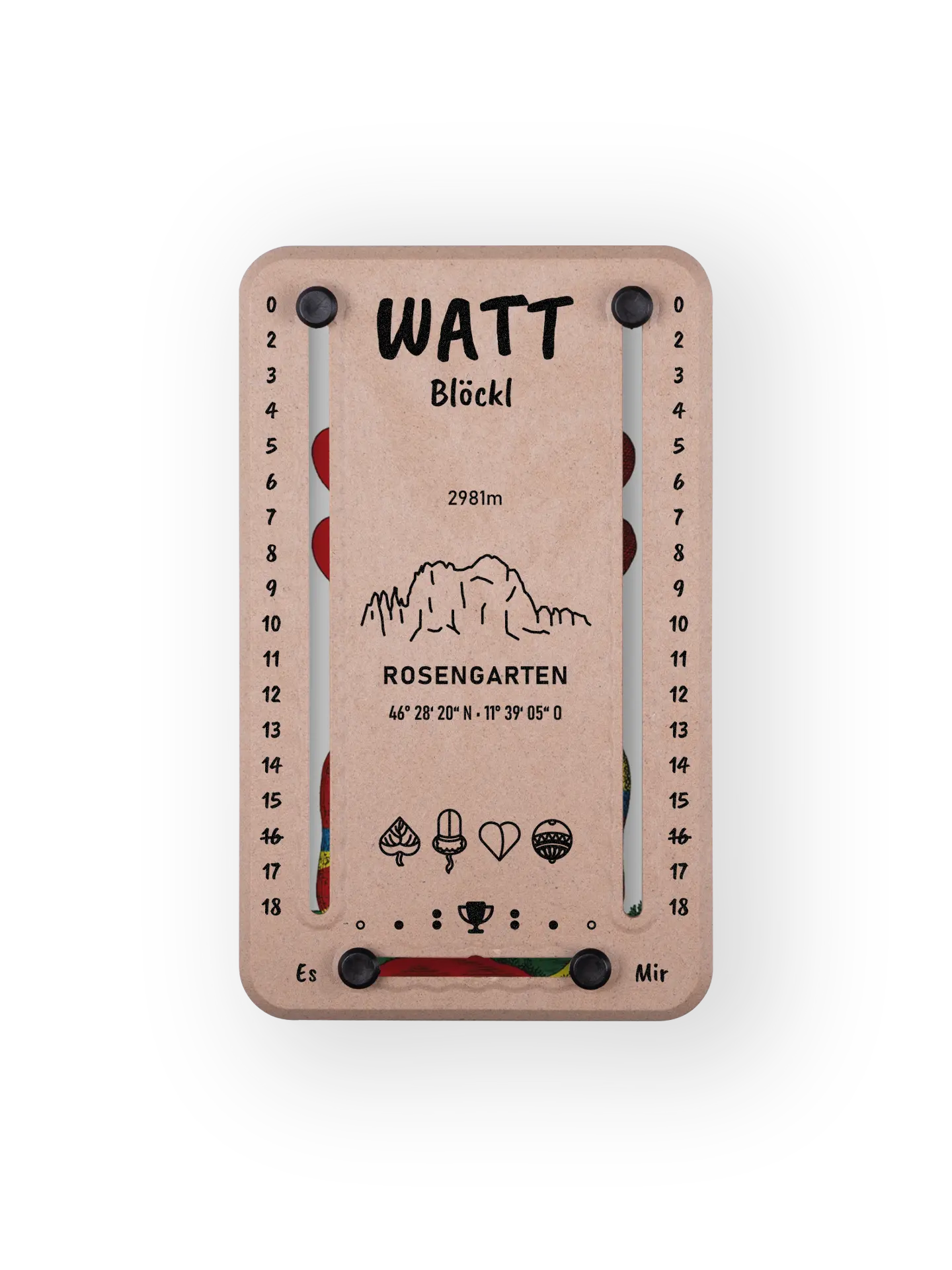 Wattblöckl bis 18 Punkte in Holzoptik und schwarzen Pins - mit Rosengarten Motiv auf transparenten Hintergrund.